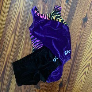 GK Elite purple leotard and black velvet short size Child Medium